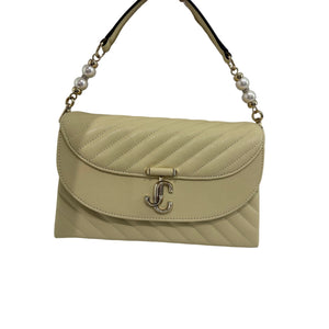 Jimmy Choo AWN Curve Top Handle Bag in Buttermilk / Shiny Gold with Pearl Detail