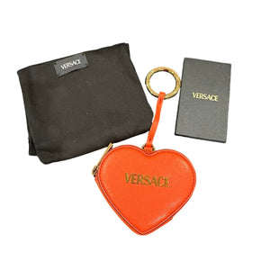 Versace Tag Leather Heart Coin Pouch Keychain