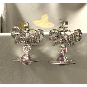 DHN Vivienne Westwood Drop Ribbon Orb Earrings Silver Pink Jewelry with drawstring