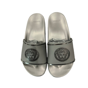 Versace Medusa Rubber Pool Slides in a metallic silver/grey finish Sz 40