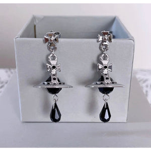 Vivienne Westwood Earrings Crystal Orb Drop Silver Black w/Pouch NO BOX