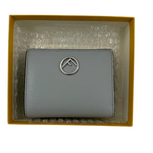 Fendi leather compact bifold wallet in light gray with a metal logo detail.