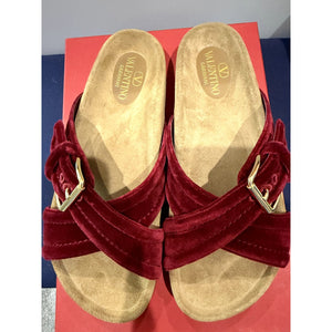 Valentino Garavani Women's Fuss friend Buckled Velvet Slide Sandals in the "Cerise" Size 40