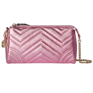 Gucci GG Marmont Mini Shoulder Bag in Pink Metallic Lamé Leather