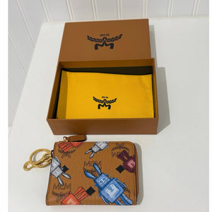 MCM Cognac Visetos Rabbit Print Zip Card Holder Keychain Bag Charm
