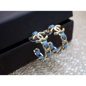 Chanel Metal Denim CC Chain Hoop Earrings in Gold and Blue