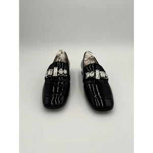 Miu Miu Black Patent Leather Crystal-Embellished Loafers #18 Size 37