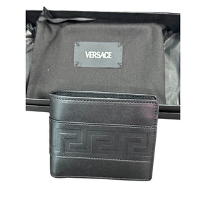 Versace Greca embossed black leather bi-fold wallet