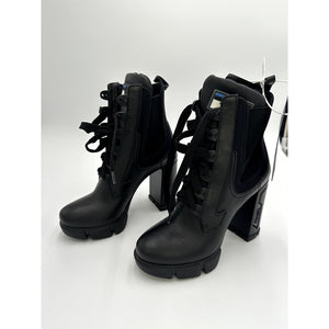 Prada Black Neoprene and Leather Lace-Up Chunky Heel Ankle Boots #16 Size 37/7